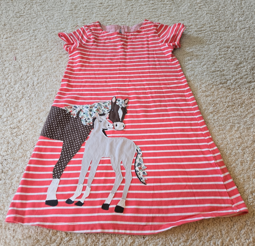 Mini Boden Coral and White Striped Dress with Horse Appliqué